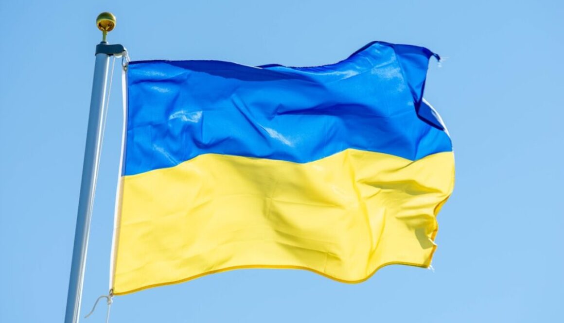 a blue and yellow flag flying in the wind