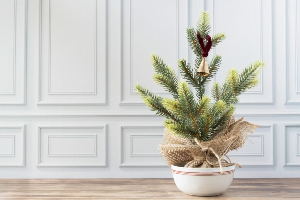 A small christmas tree in a bowl on a table