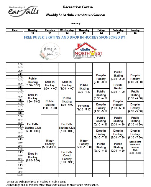 ear falls recreation centre schedule